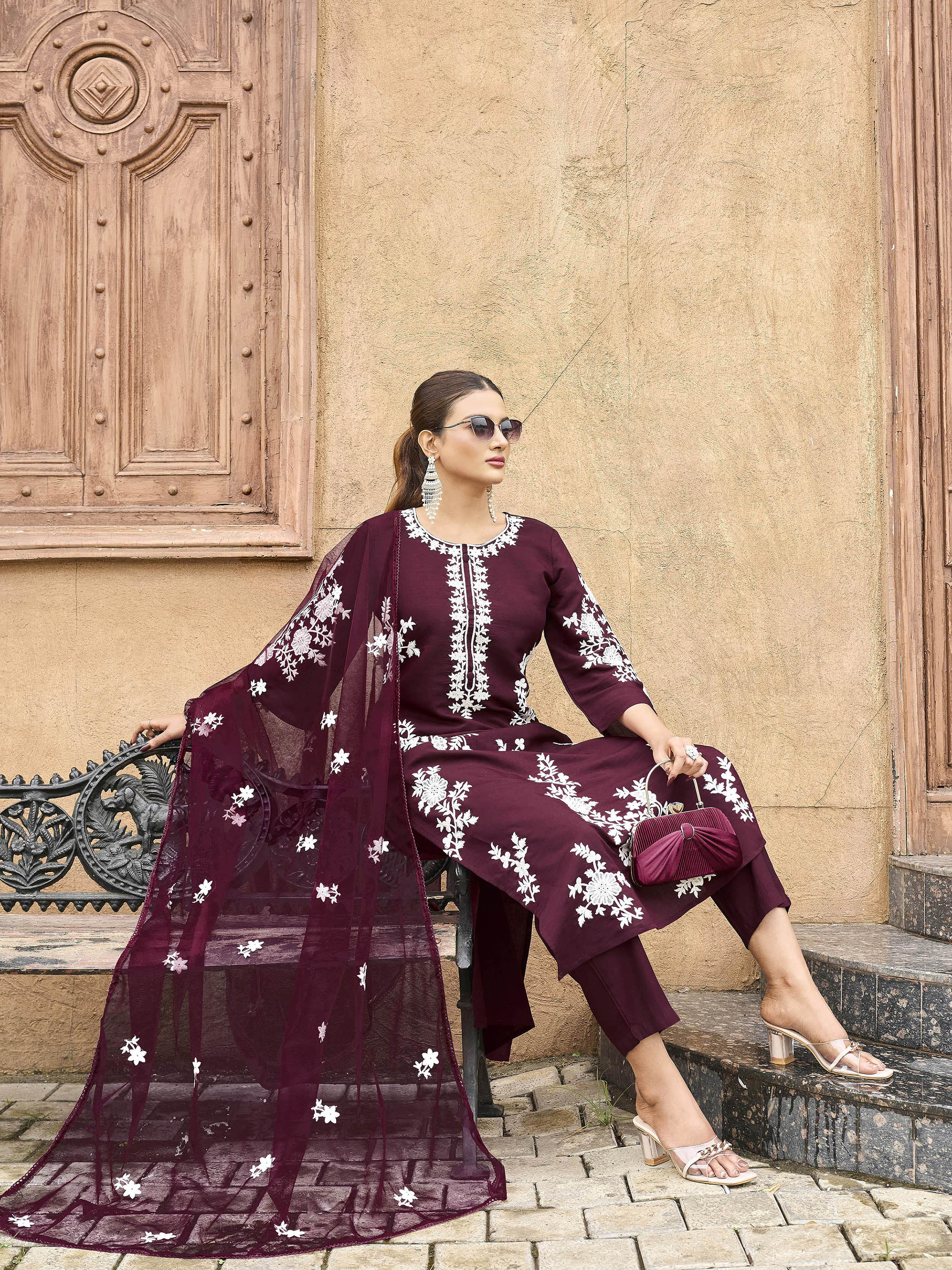 Burgundy color silk blend with off white thread embroidered kurta & trouser with dupatta set